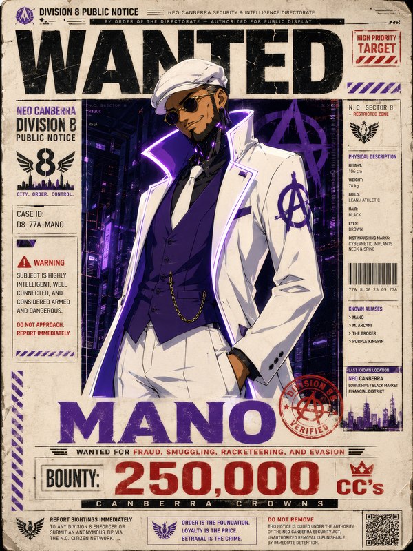 Wanted poster of Mano