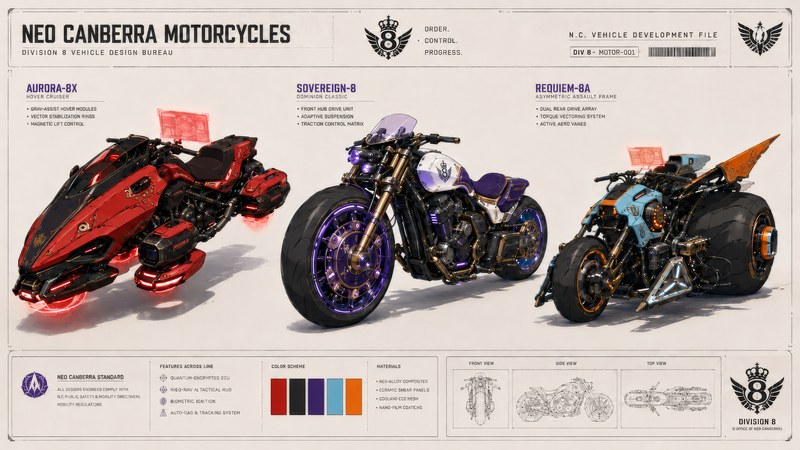 Division 8 Motorcycles: Aurora-8X, Sovereign-8, Requiem-8A