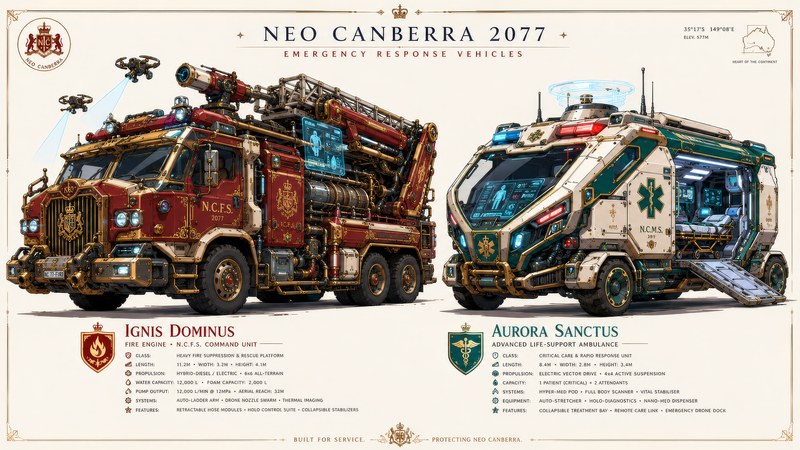 Neo Canberra Emergency Response Vehicles: Ignis Dominus & Aurora Sanctus